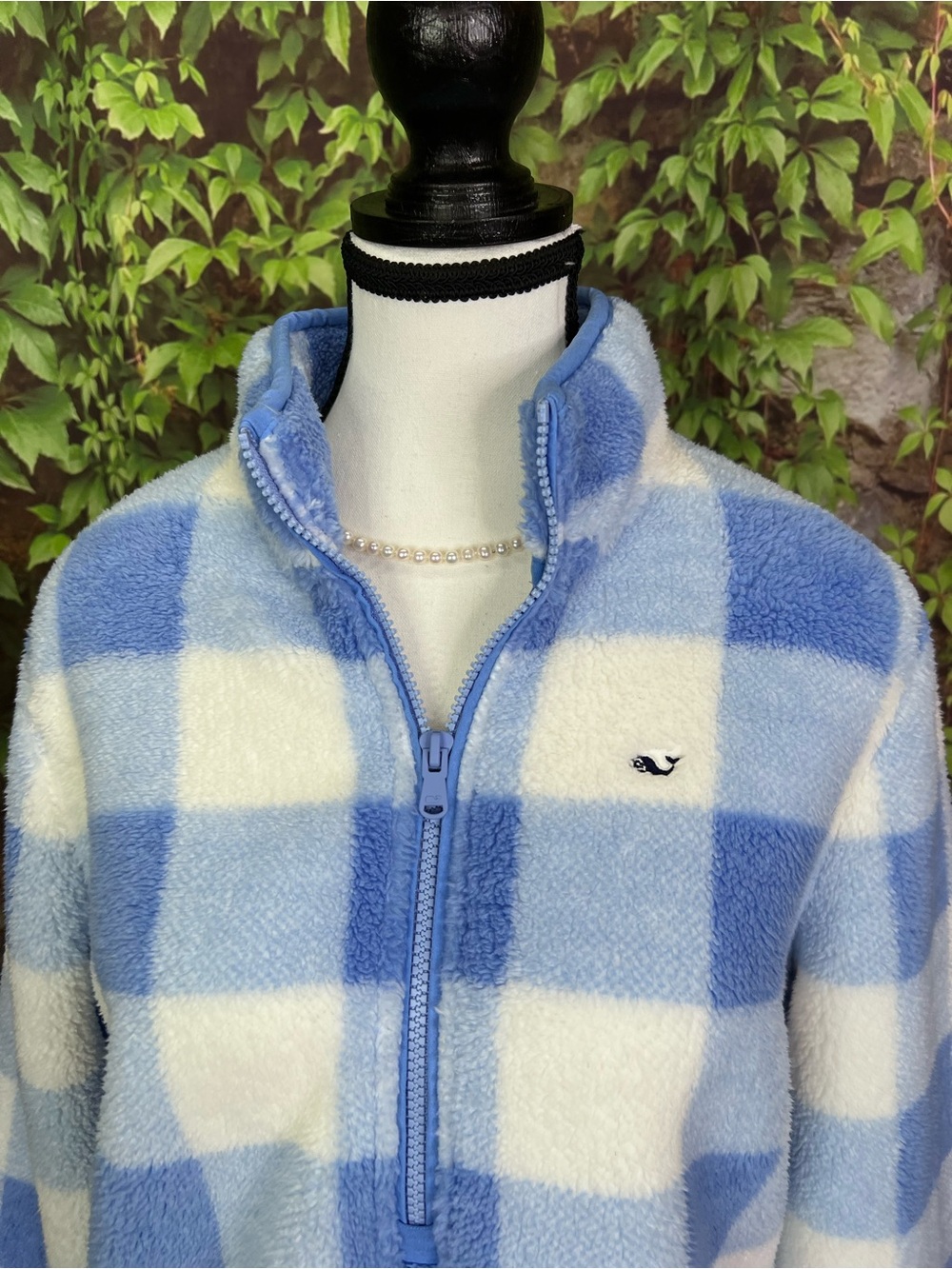 VINEYARD VINES Preppy Blue and White Plush Buffalo Check Quarterzip Pullover, S - Picture 3 of 13
